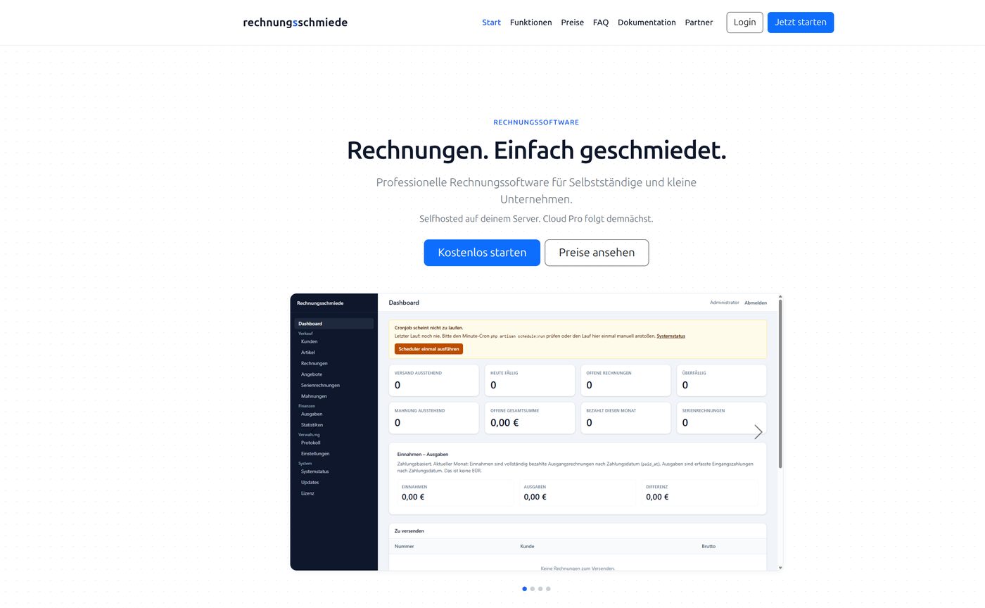 Startseite von Rechnungsschmiede mit Produktvorschau des Dashboards